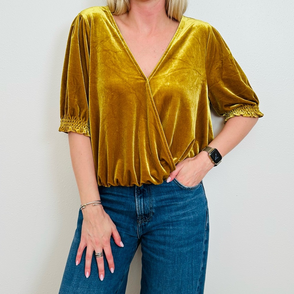 New Madewell Velvet Smocked Crossover Golden Boho Blouse Top Mustard Gold